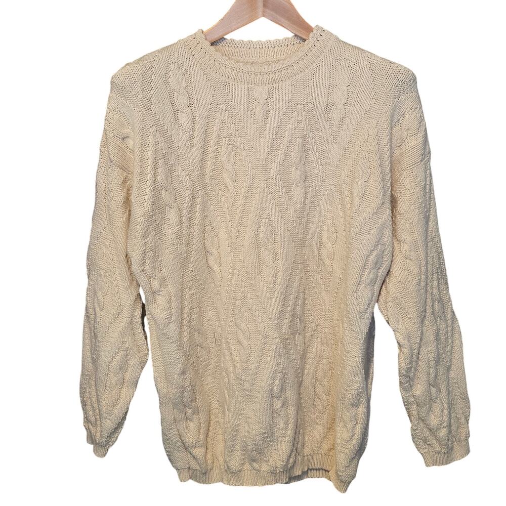 Unbranded Sweater Womens Size Medium Ivory Cable Knit Fisherman 100% Cotton USA